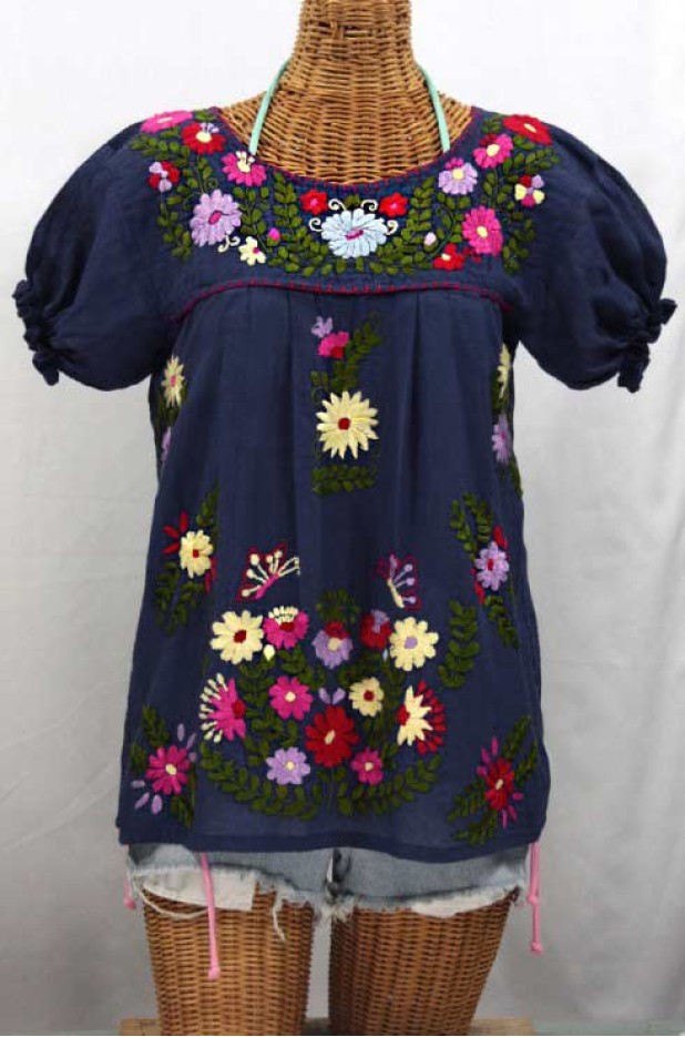 "La Mariposa Corta de Color" Embroidered Peasant Blouse - Navy Blue