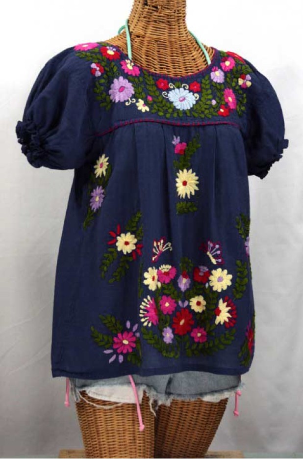 "La Mariposa Corta de Color" Embroidered Peasant Blouse - Navy Blue