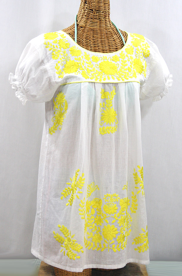 "La Mariposa Corta" Embroidered Mexican Bluse - Tunic Length - White + Neon Yellow