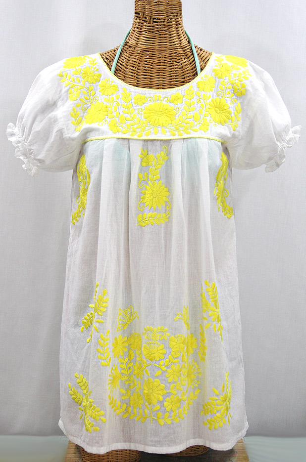 "La Mariposa Corta" Embroidered Mexican Bluse - Tunic Length - White + Neon Yellow