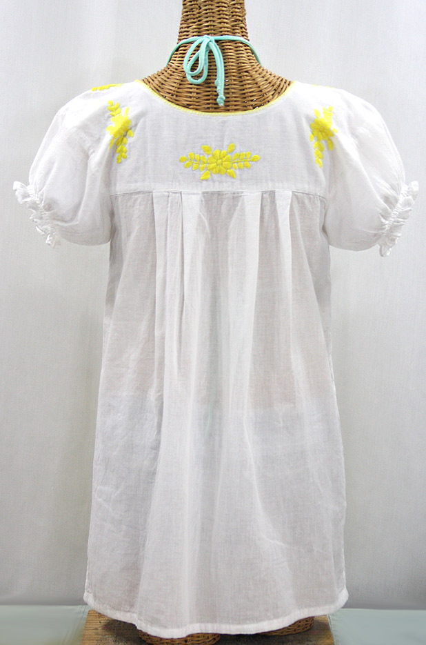 FINAL SALE -- "La Mariposa Corta" Embroidered Mexican Bluse - Tunic Length - White + Neon Yellow