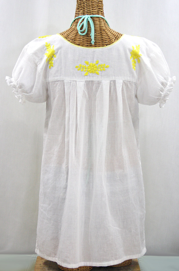 "La Mariposa Corta" Embroidered Mexican Bluse - Tunic Length - White + Neon Yellow