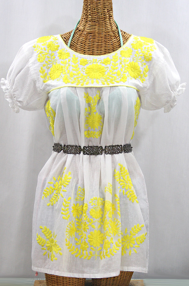 "La Mariposa Corta" Embroidered Mexican Bluse - Tunic Length - White + Neon Yellow