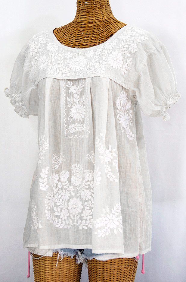 "La Mariposa Corta" Embroidered Mexican Style Peasant Top - All White