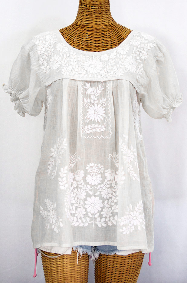 "La Mariposa Corta" Embroidered Mexican Style Peasant Top - All White