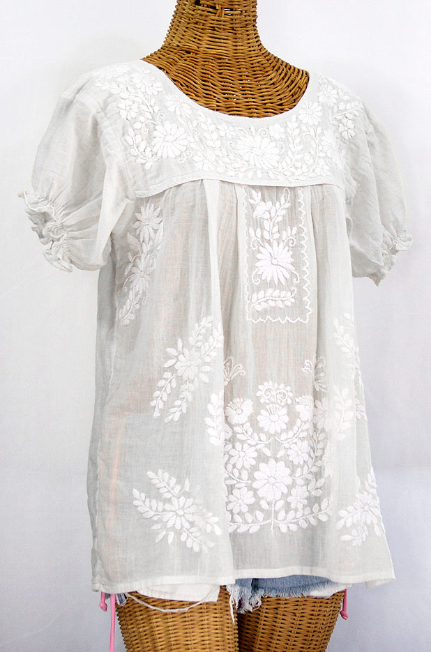 "La Mariposa Corta" Embroidered Mexican Style Peasant Top - All White