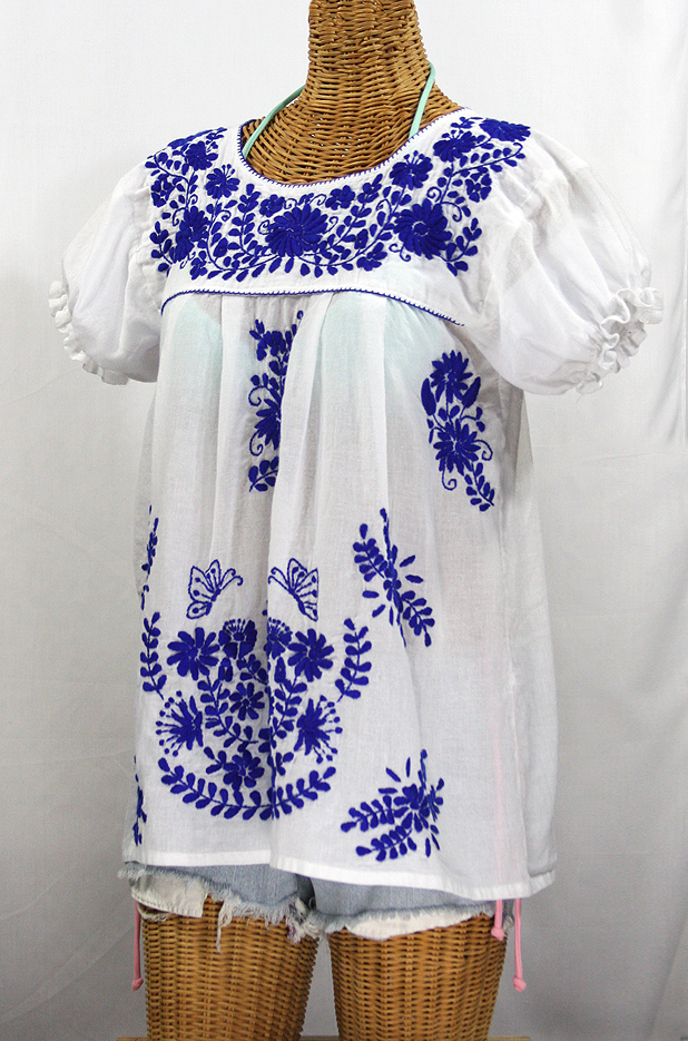 "La Mariposa Corta de Color" Embroidered Mexican Blouse - White + Blue