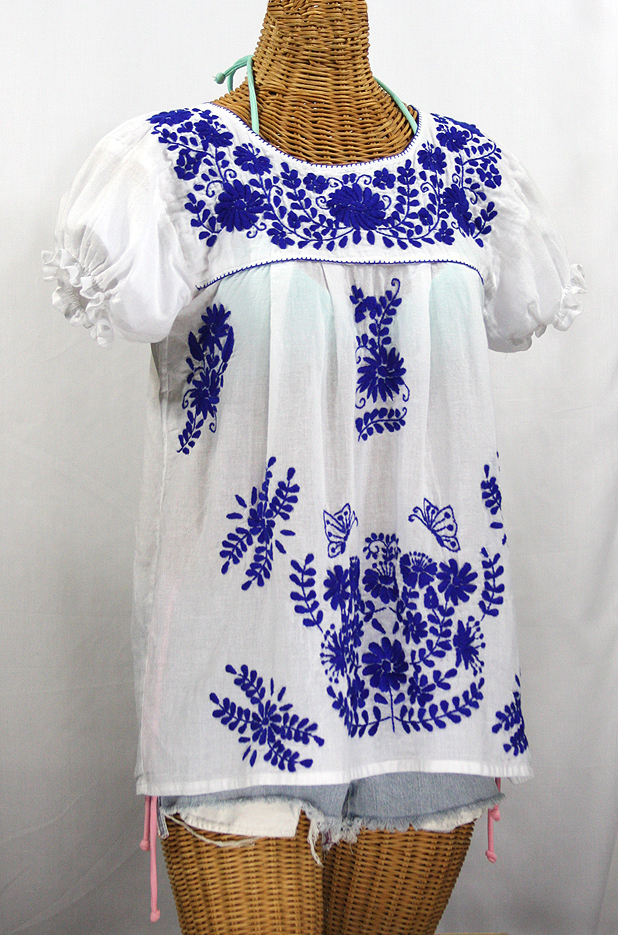 FINAL SALE -- "La Mariposa Corta de Color" Embroidered Mexican Blouse - White + Blue