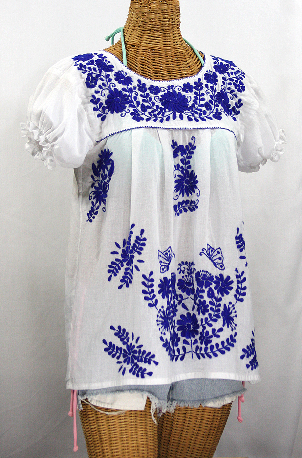 "La Mariposa Corta de Color" Embroidered Mexican Blouse - White + Blue