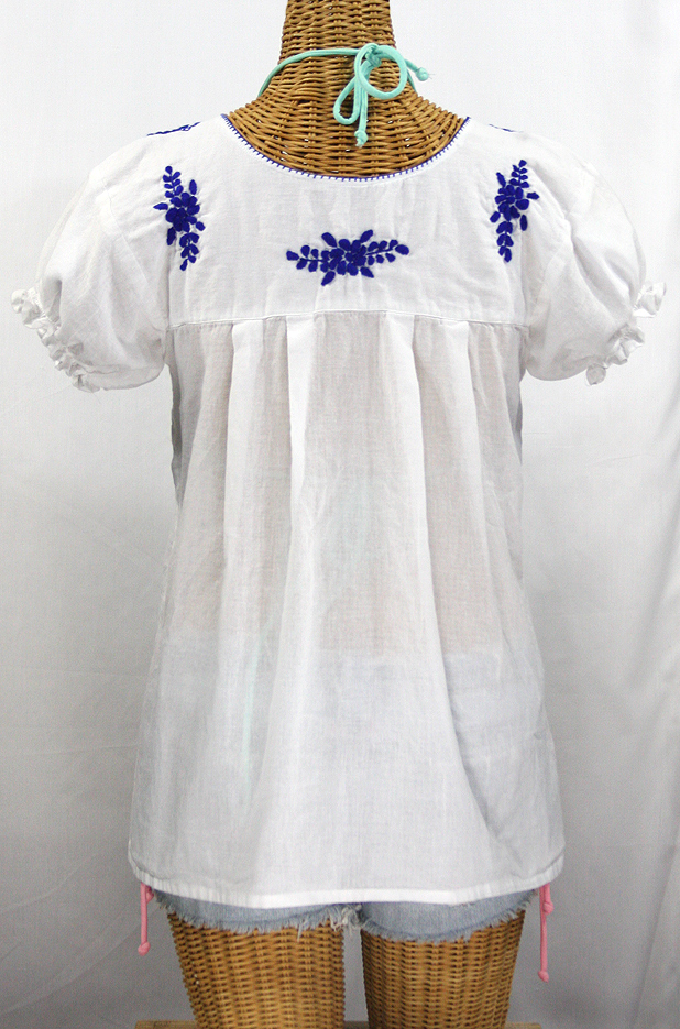 "La Mariposa Corta de Color" Embroidered Mexican Blouse - White + Blue