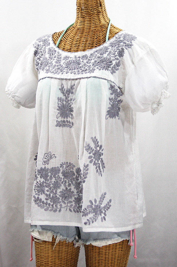 "La Mariposa Corta de Color" Embroidered Mexican Blouse - White + Grey