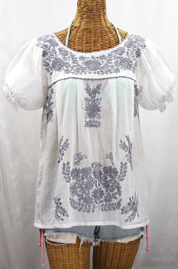 "La Mariposa Corta de Color" Embroidered Mexican Blouse - White + Grey