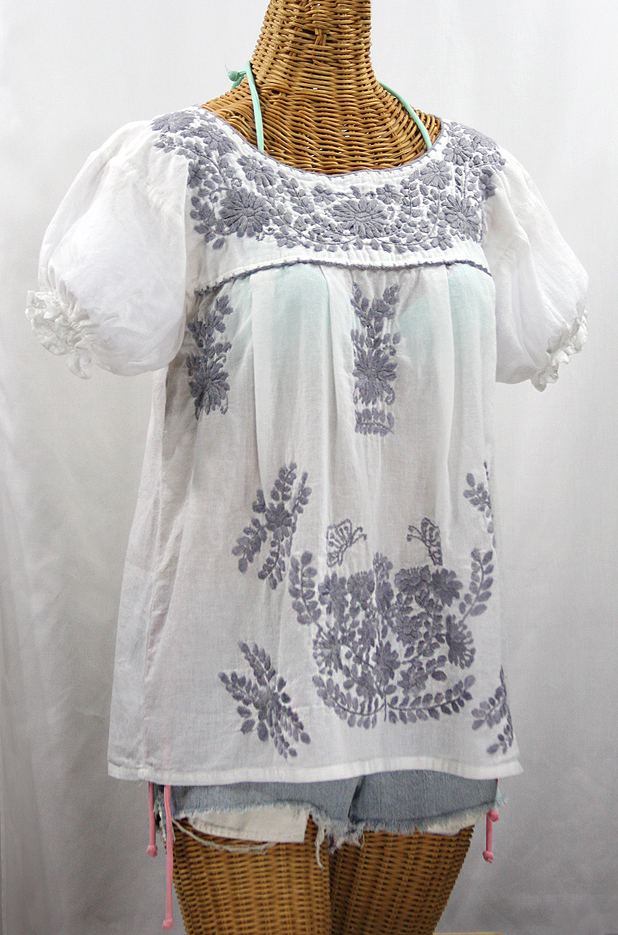 "La Mariposa Corta de Color" Embroidered Mexican Blouse - White + Grey