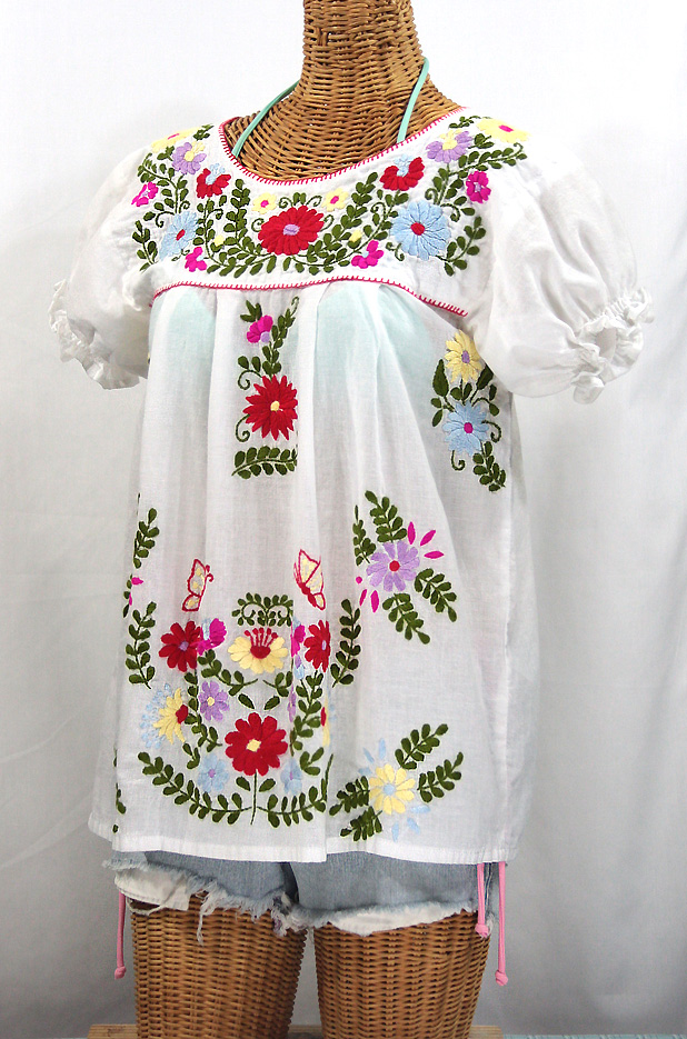 "La Mariposa Corta de Color" Embroidered Mexican Peasant Blouse - White