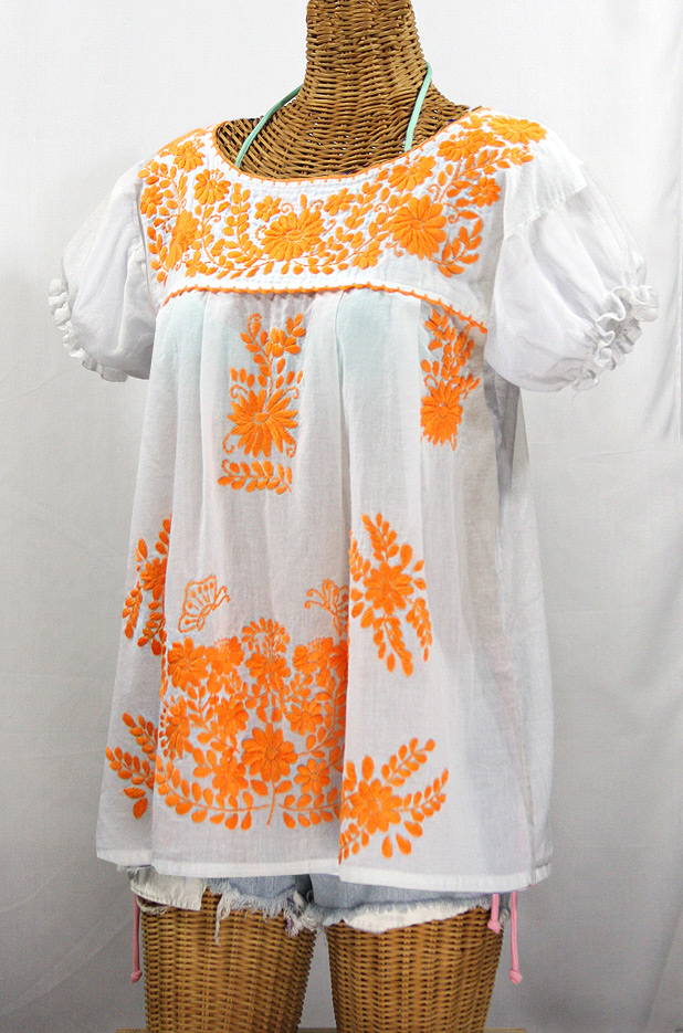 "La Mariposa Corta de Color" Embroidered Mexican Blouse - White + Neon Orange