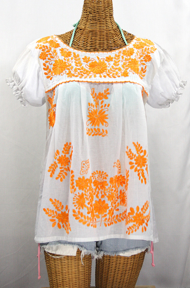 "La Mariposa Corta de Color" Embroidered Mexican Blouse - White + Neon Orange