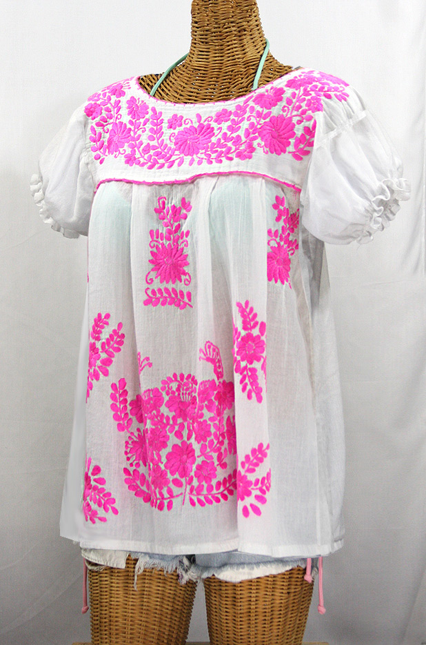 "La Mariposa Corta de Color" Embroidered Mexican Blouse - White + Neon Pink