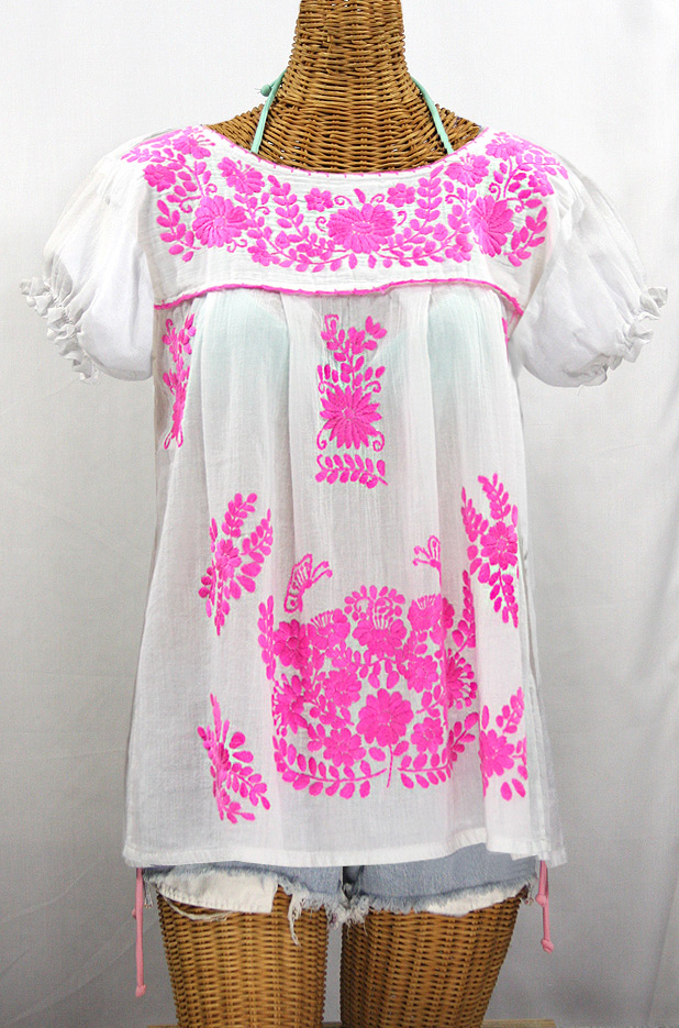 "La Mariposa Corta de Color" Embroidered Mexican Blouse - White + Neon Pink