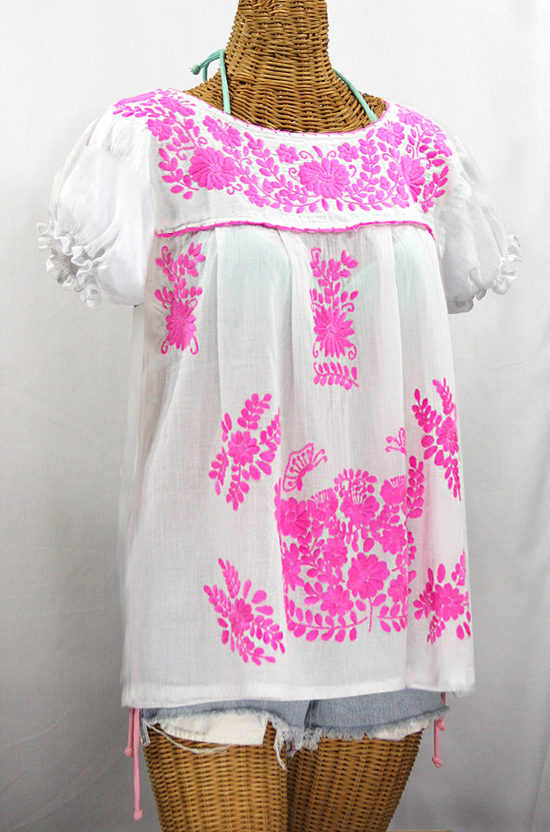 "La Mariposa Corta de Color" Embroidered Mexican Blouse - White + Neon Pink