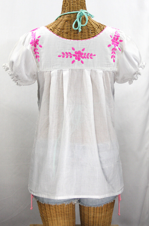 "La Mariposa Corta de Color" Embroidered Mexican Blouse - White + Neon Pink