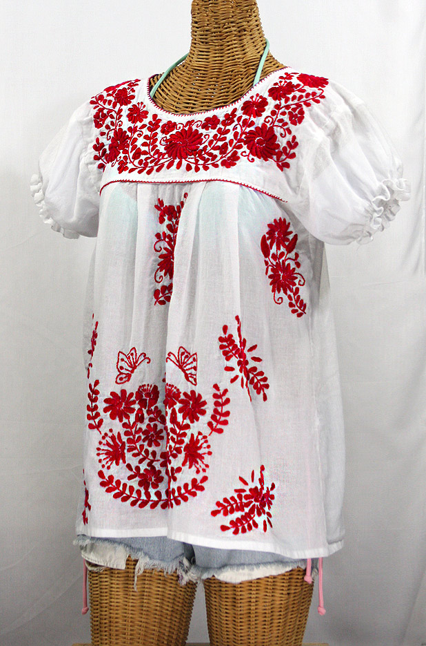 "La Mariposa Corta de Color" Embroidered Mexican Blouse - White + Red