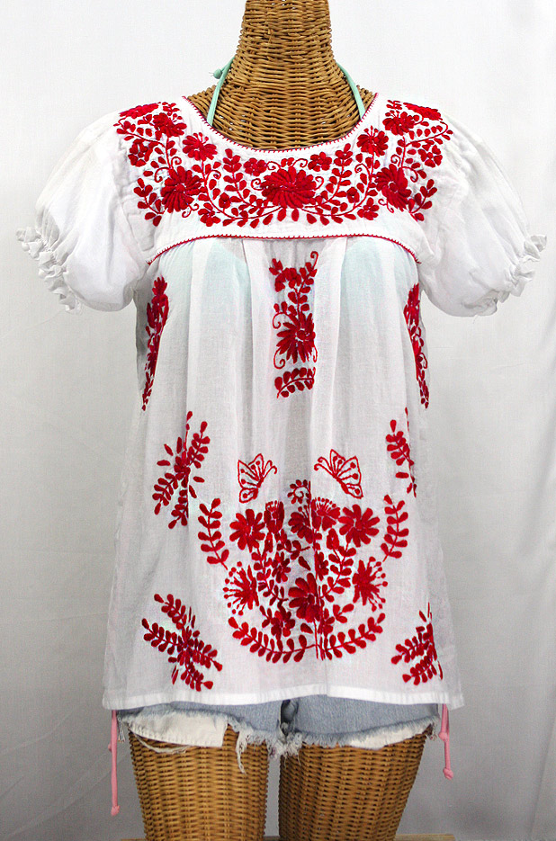 "La Mariposa Corta de Color" Embroidered Mexican Blouse - White + Red