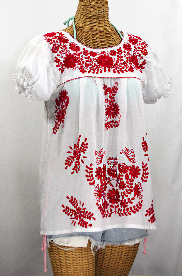 "La Mariposa Corta de Color" Embroidered Mexican Blouse - White + Red