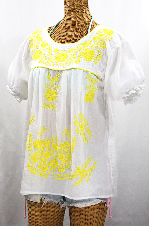 "La Mariposa Corta de Color" Embroidered Mexican Blouse - White + Neon Yellow