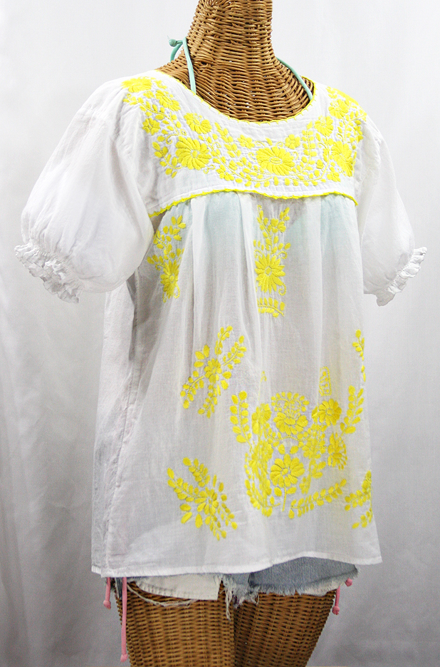 "La Mariposa Corta de Color" Embroidered Mexican Blouse - White + Neon Yellow