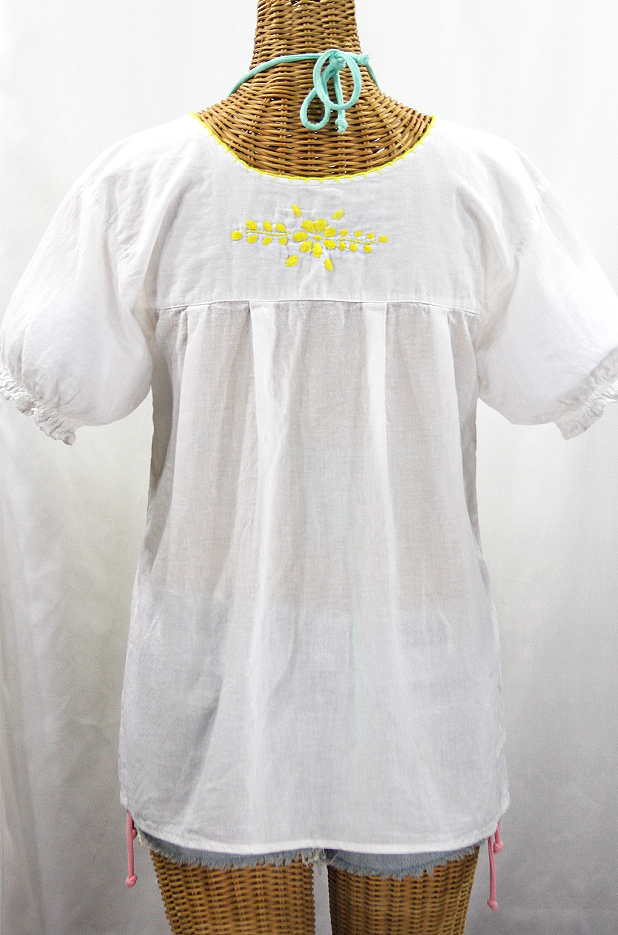 "La Mariposa Corta de Color" Embroidered Mexican Blouse - White + Neon Yellow