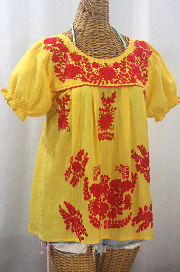 "La Mariposa Corta de Color" Embroidered Mexican Blouse - Yellow + Red