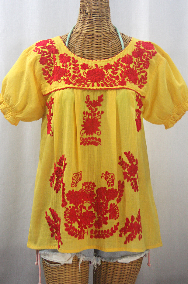 "La Mariposa Corta de Color" Embroidered Mexican Blouse - Yellow + Red