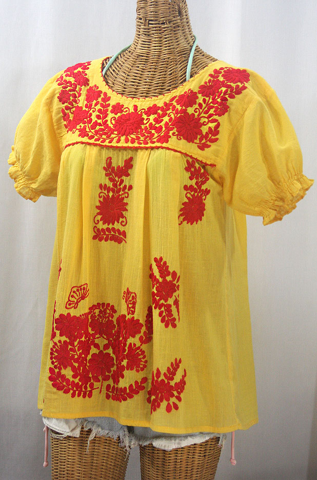 "La Mariposa Corta de Color" Embroidered Mexican Blouse - Yellow + Red