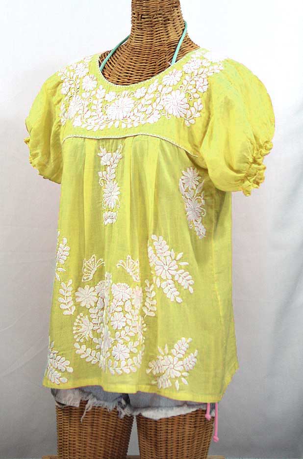 "La Mariposa Corta" Embroidered Mexican Style Peasant Top - Bright Lemon Yellow