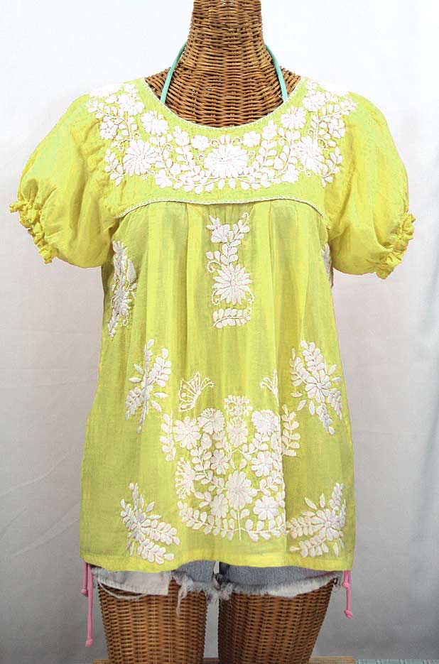 "La Mariposa Corta" Embroidered Mexican Style Peasant Top - Bright Lemon Yellow