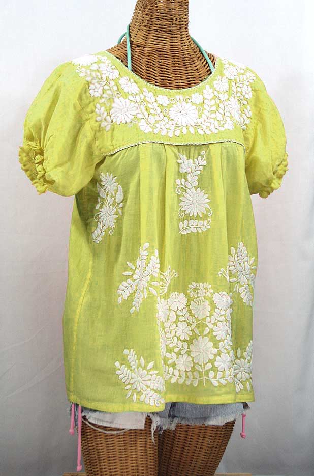"La Mariposa Corta" Embroidered Mexican Style Peasant Top - Bright Lemon Yellow