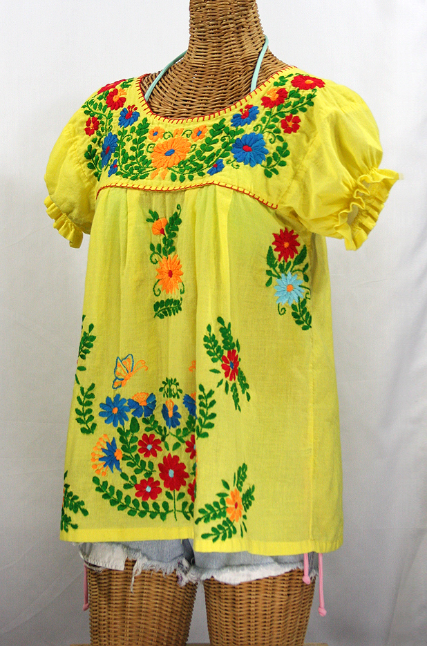 "La Mariposa Corta de Color" Embroidered Mexican Blouse - Yellow + Fiesta