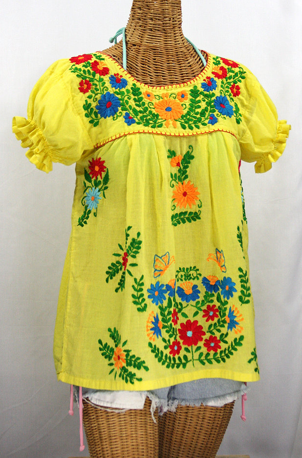 "La Mariposa Corta de Color" Embroidered Mexican Blouse - Yellow + Fiesta