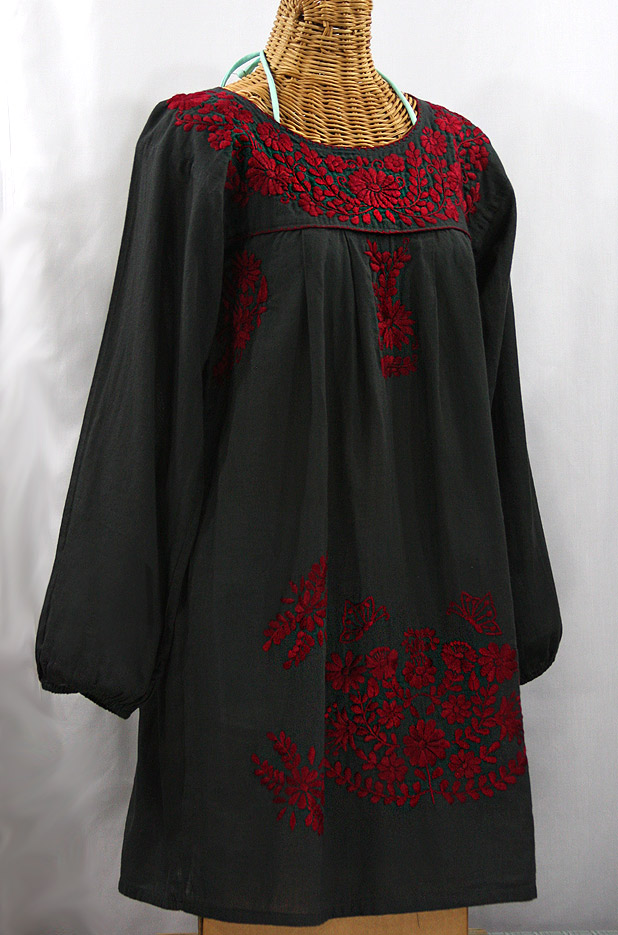 "La Mariposa Larga" Embroidered Mexican Dress - Charcoal + Dark Red