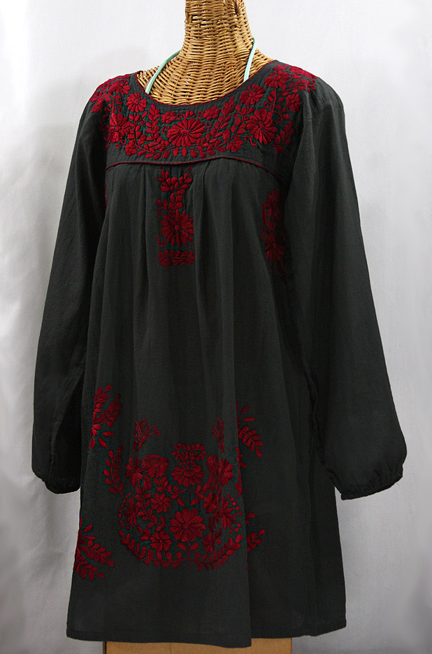 "La Mariposa Larga" Embroidered Mexican Dress - Charcoal + Dark Red