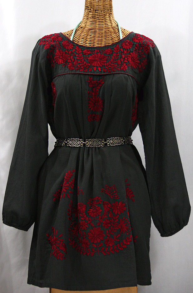 "La Mariposa Larga" Embroidered Mexican Dress - Charcoal + Dark Red