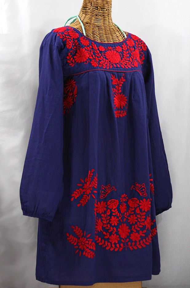 "La Mariposa Larga" Embroidered Mexican Dress - Denim Blue + Red