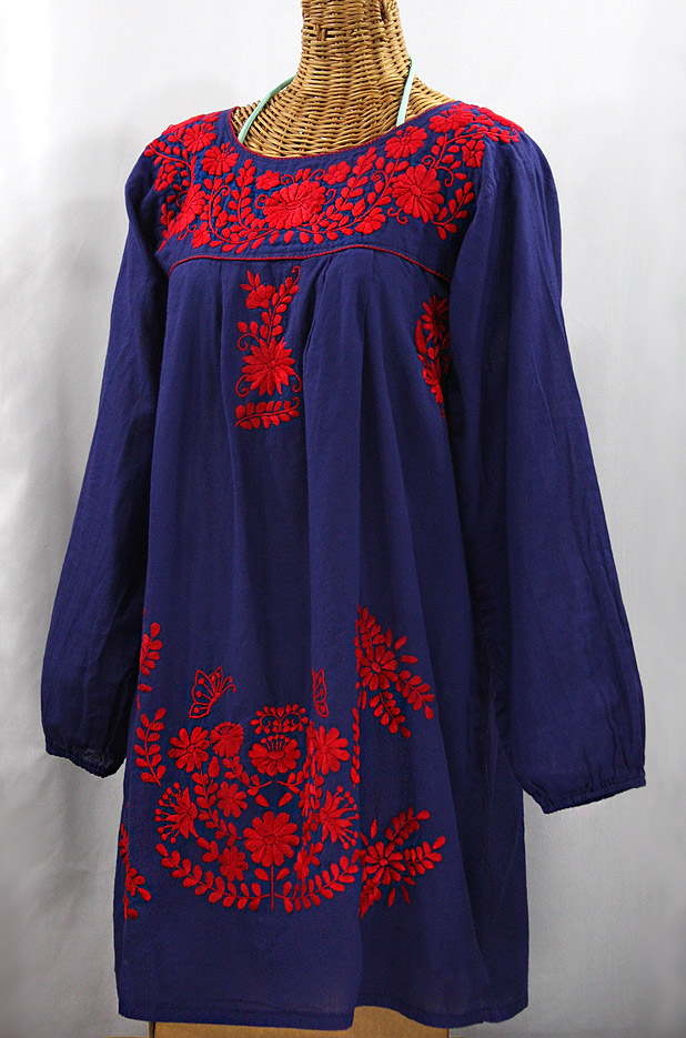 "La Mariposa Larga" Embroidered Mexican Dress - Denim Blue + Red