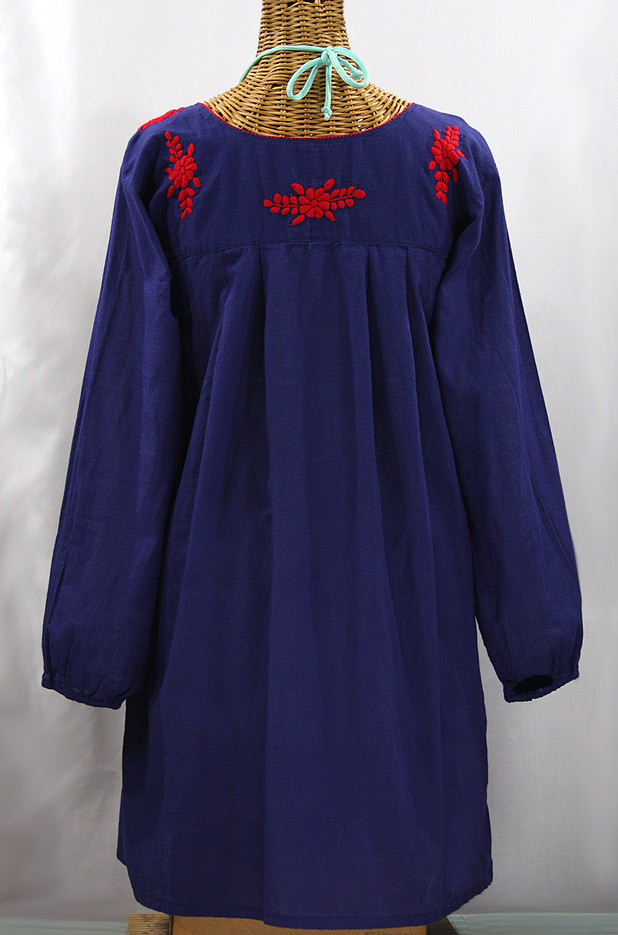 "La Mariposa Larga" Embroidered Mexican Dress - Denim Blue + Red