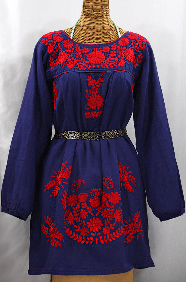 "La Mariposa Larga" Embroidered Mexican Dress - Denim Blue + Red