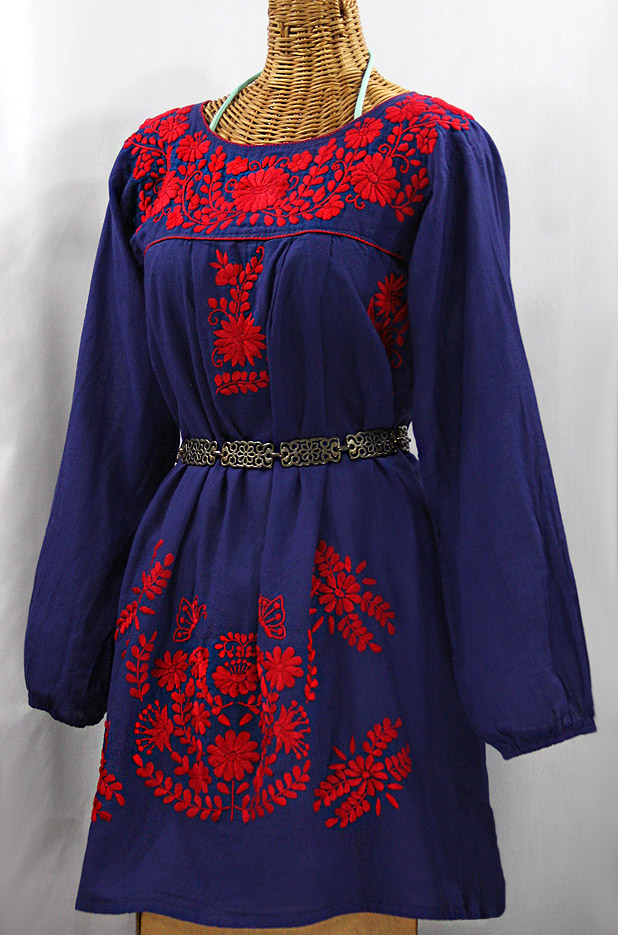 "La Mariposa Larga" Embroidered Mexican Dress - Denim Blue + Red