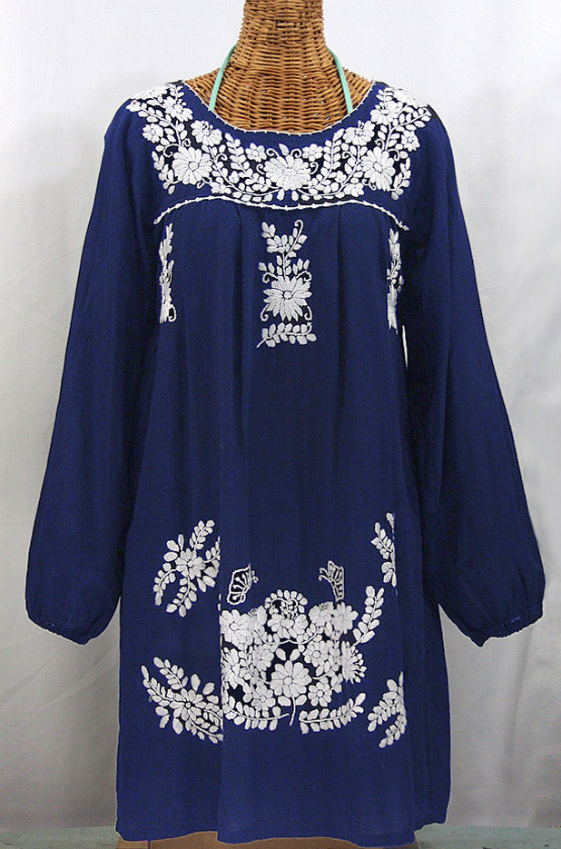 "La Mariposa Larga" Embroidered Mexican Dress - Denim Blue