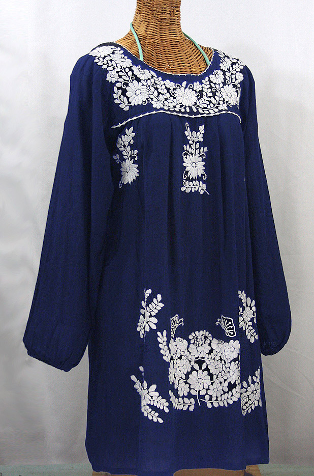 "La Mariposa Larga" Embroidered Mexican Dress - Denim Blue