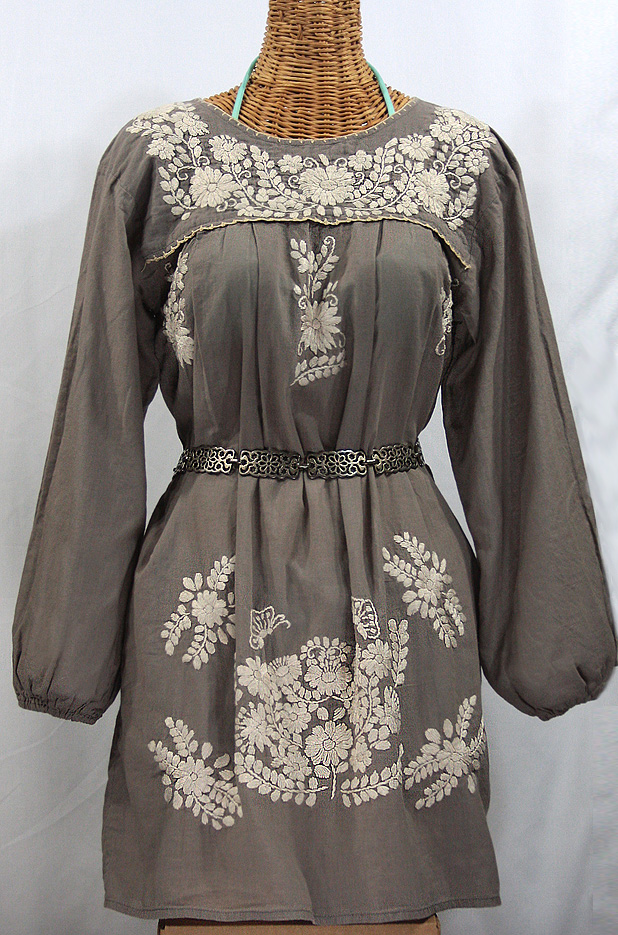 "La Mariposa Larga" Embroidered Mexican Dress - Fog Grey