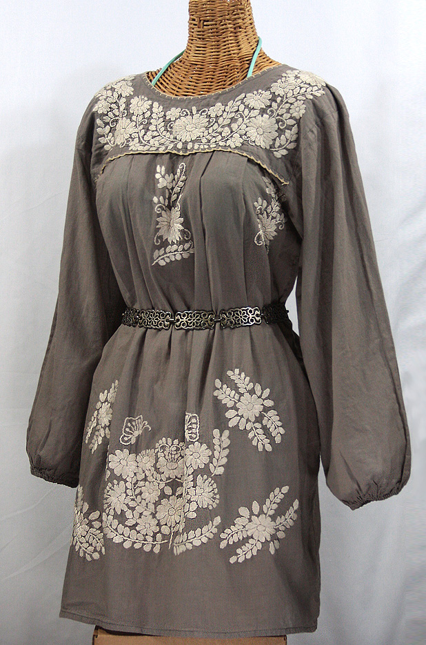 "La Mariposa Larga" Embroidered Mexican Dress - Fog Grey